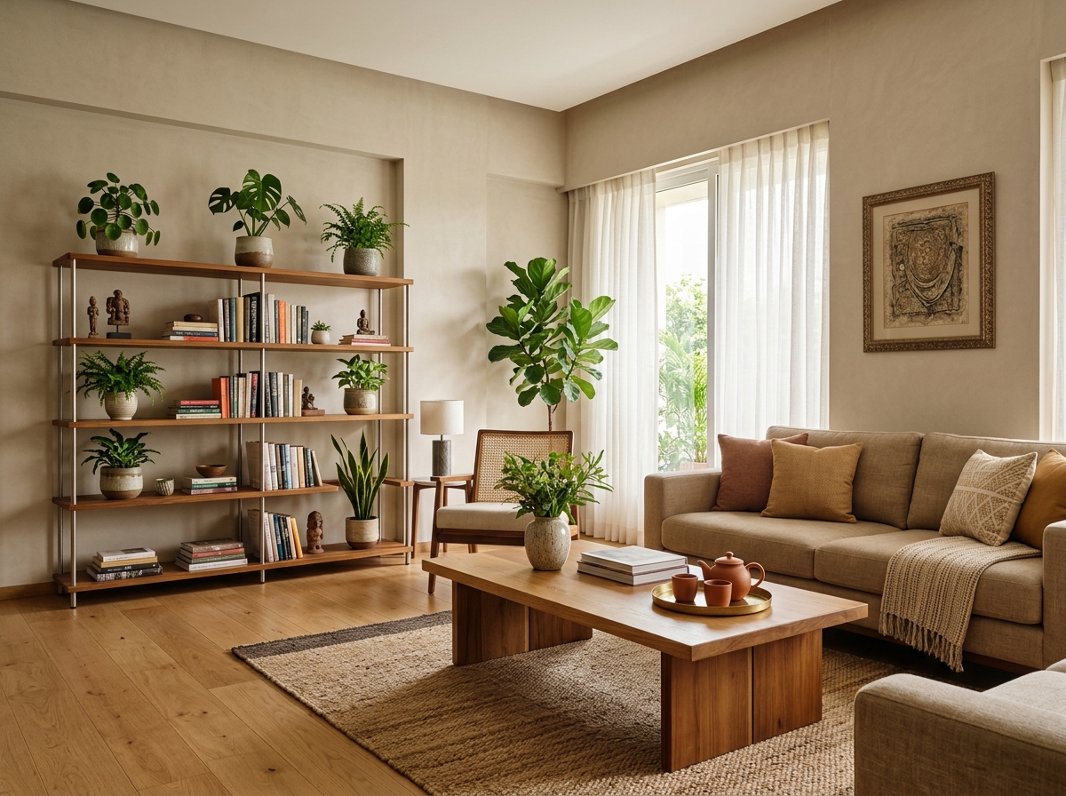Modern HOMIBOSS living space furnished with warm wooden furniture